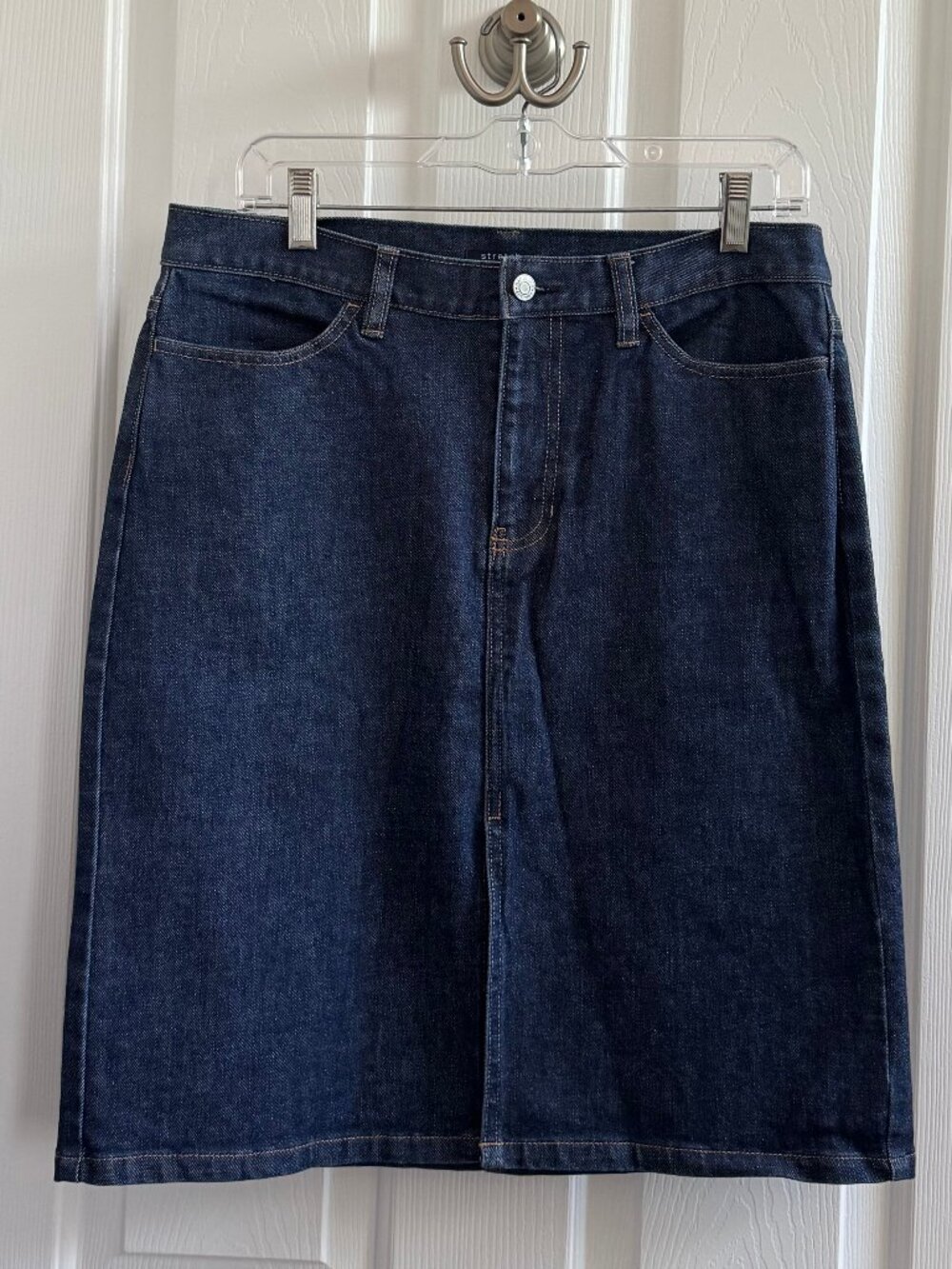 GAP Vintage Stretch Dark Wash Blue Denim Skirt Front Slit Size 10, MINT!